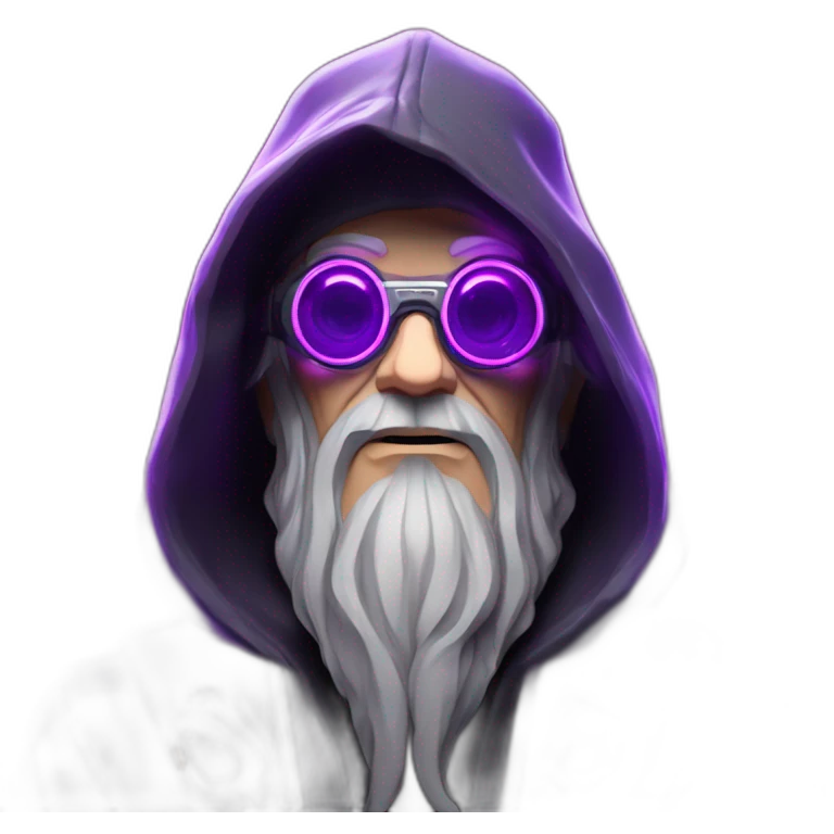 Gandalf wearing a black hoodie with "OMG" letters on it and VR headset in a cyberpunk VR environment with violet neon lighting. emoji