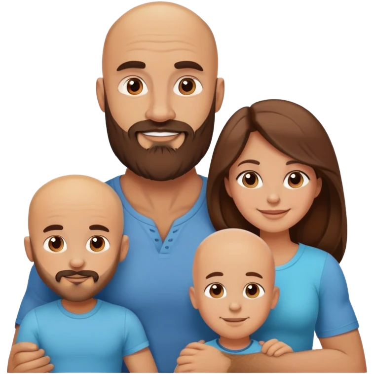 Happy Muscular Bald beard man and his hot wife with long brown hair and 3 sons emoji