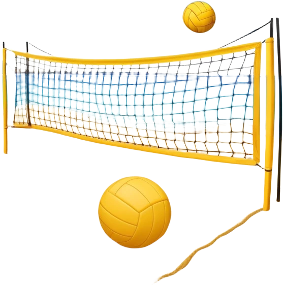 The scene captures the relaxed yet competitive vibe of beach volleyball, with warm sunlight and the natural beauty of the beach. A volleyball resting on the yellow sand on a beach, with the net in the background and a scenic view of the ocean and sky.  emoji