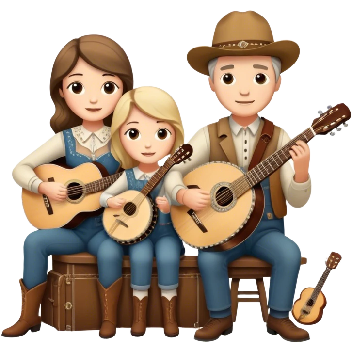Icon for Country Music: The Carter Family, featuring a vintage scene with an acoustic guitar, banjo, and autoharp. Classic country aesthetics with warm, rustic tones, symbolizing their influence on folk and country music. Transparent background. emoji