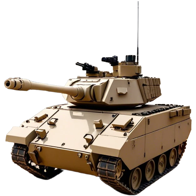 Bradley M2A3 (2019) – Cinematic-realistic Bradley M2A3, its dark sand-colored armor charging forward through a ruined urban landscape. The 25mm Bushmaster cannon fires bursts of tracer rounds as infantry dismount from the rear ramp, moving quickly under cover while the vehicle provides suppressive fire against an unseen enemy. emoji