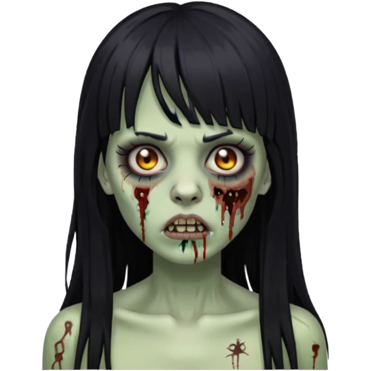 Emoji de zumbi mulher de cabelo comprido preto franja e piercing no septo emoji