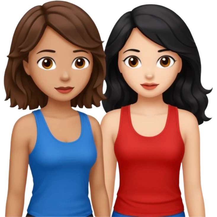 generate a pretty tan bratz girl with brown wavy hair long wearing a red tank top talking to a girl with black hair emoji