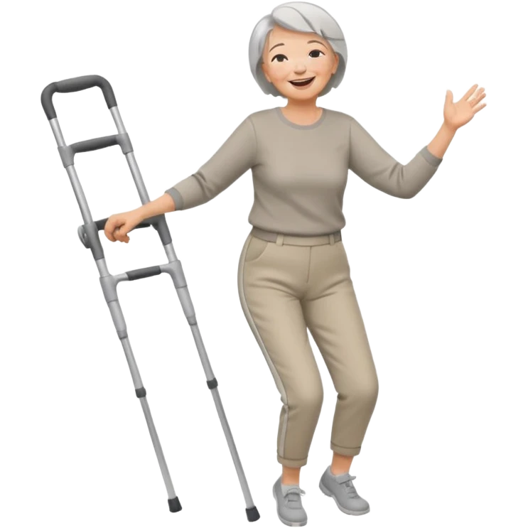 senior woman with pants, short grey hair, laughing and dancing th crutches emoji