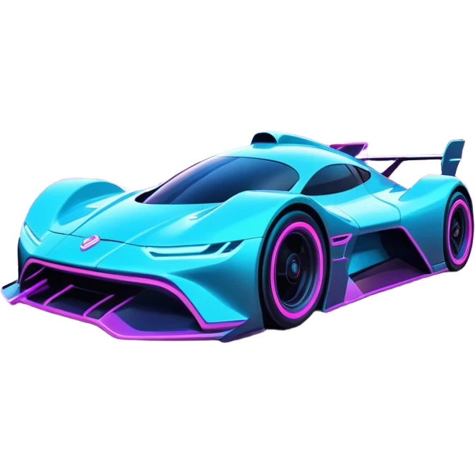 A futuristic racing car with glowing neon lights, sleek aerodynamic design, and a cyberpunk cityscape in the background. The car is speeding through a neon-lit street with high-tech buildings and holograms." emoji