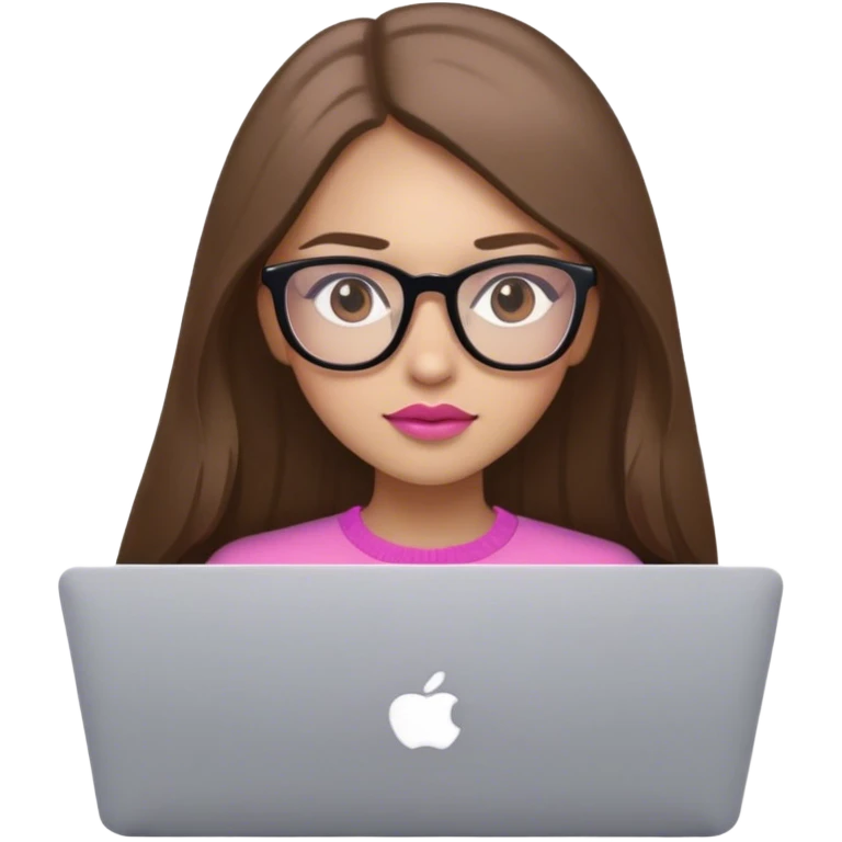 brown straight long Hair brown eyes pink lips, glasses  girl with macbook emoji