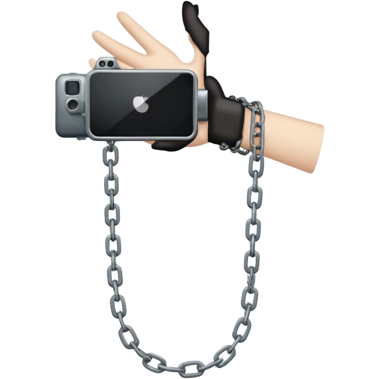 Minimalist emoji-style sticker of a human hand bound by a chain leading to a video camera. Icon-like, clean silhouette, muted tones. emoji