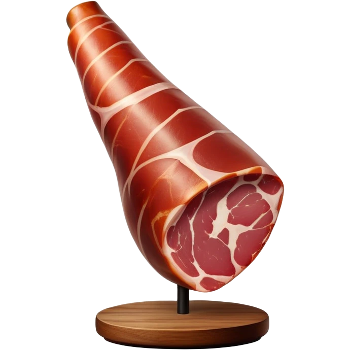 _cinematic-realistic-spanish-ham-leg,-depicted-as-a-massive,-cured-leg-of-jamón-serrano-(ham)-with-a-deep-reddish-brown-hue on the outside,-intricately-marbled-and-slightly-glossy-with-age,-elegantly-displayed-on-a-rustic-wooden-stand-and-bathed-in-warm emoji