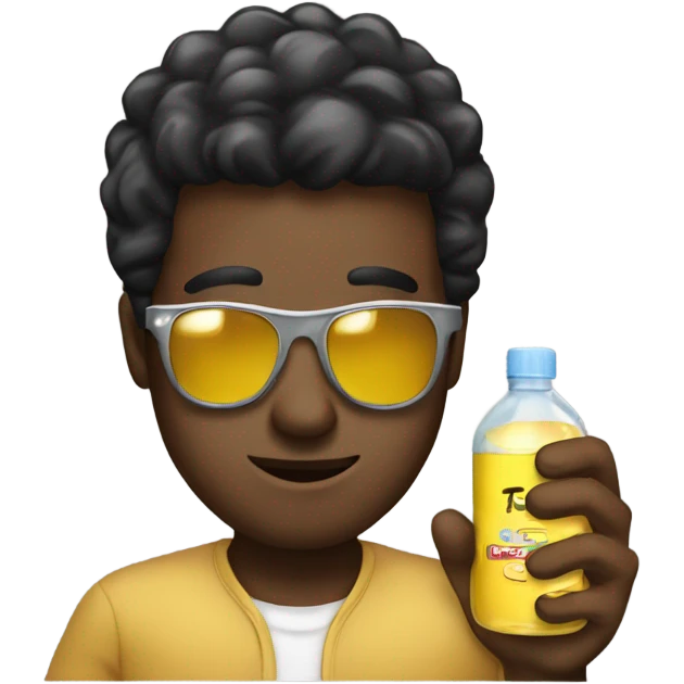 A man that black with sunglasses holding baby oil emoji