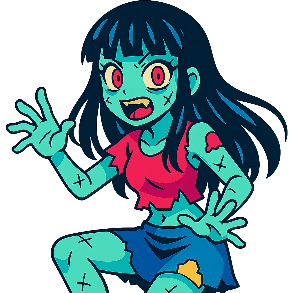vibrant anime style zombie girl with light skin, long black hair with bangs, colorful and dynamic emoji