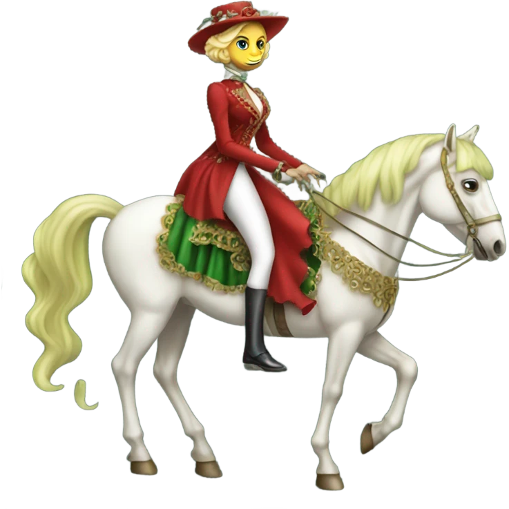 "galora green blonde alien woman" in red Victorian elegant dress, full body, rides "horse gold and white"
 emoji