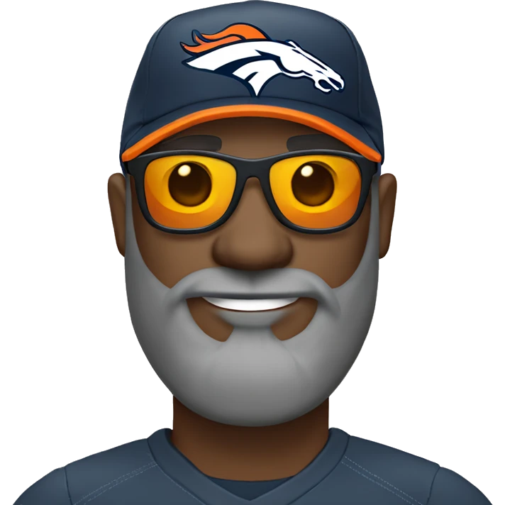 Bald black guy dark grey long beard wearing Denver broncos cap and sunglasses  emoji