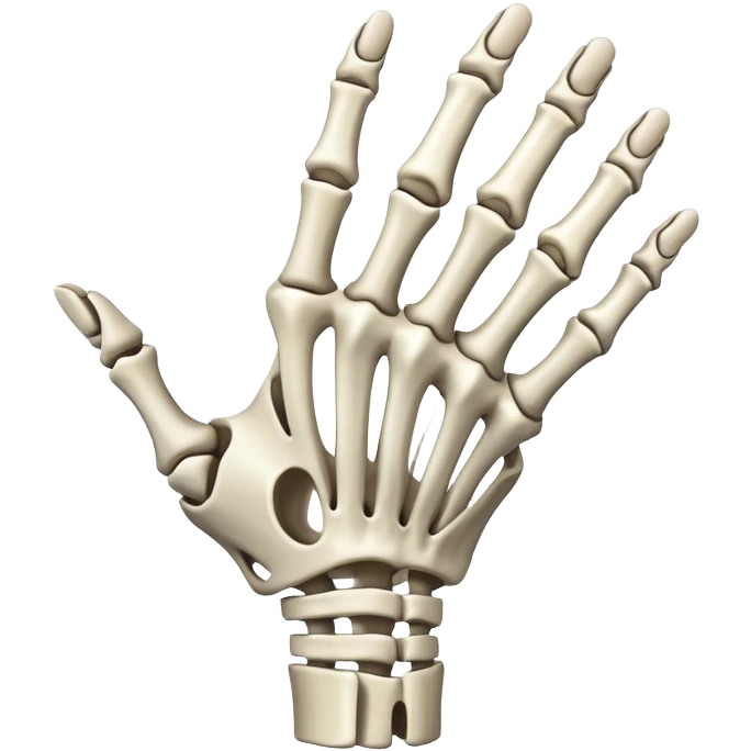 Skeleton hand with index middle and thumb fingers out and pinky and ring finger in emoji