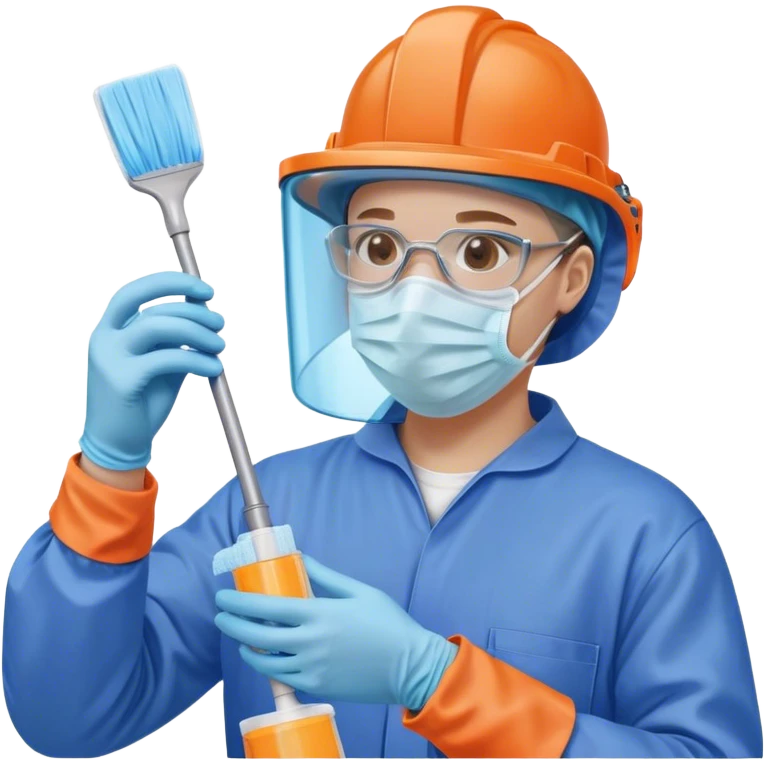 A meticulous cleanroom worker dressed in full protective gear, including a blue sterile suit, a face mask,  and orange gloves.  cleaning glasses with a wipe in one Hand emoji