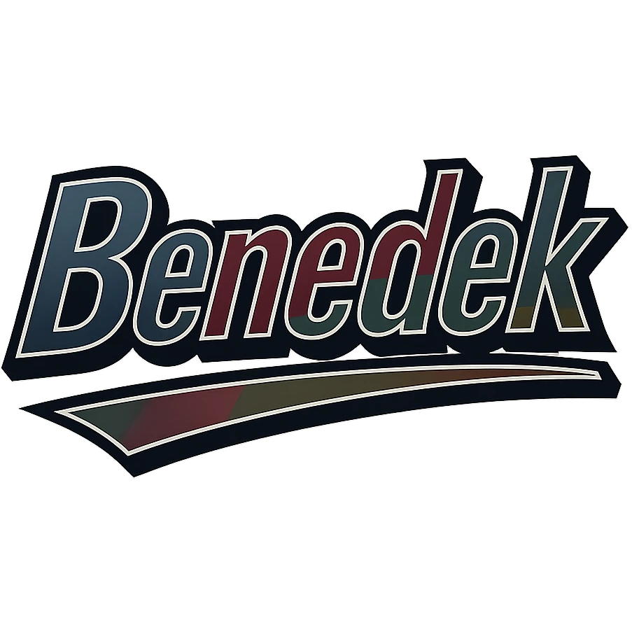 Text design of the name 'Benedek' in a masculine, modern, gradient font with dark contour and thin white edging, dynamic slanted underline, masculine color shades including blue, gray, burgundy, green, and brown, 1000x1000 px, PNG, transparent background, in the style of the uploaded Attila sample. emoji