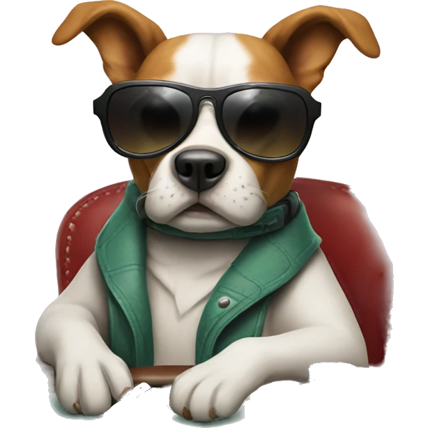 Dog playing poker at poker table, wearing shades, holding 2 cards emoji