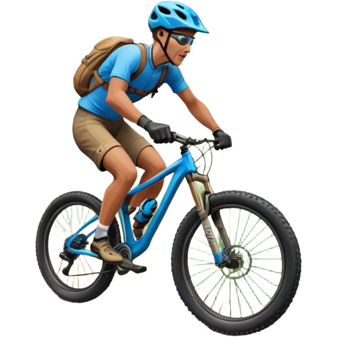 An icon featuring a mountain bike with thick tires on a rugged trail. The background showcases a breathtaking mountain landscape with green slopes, rocky peaks, and a bright blue sky. A cyclist in a helmet rides downhill, kicking up dust.  Transparent background emphasizes adventure and speed emoji