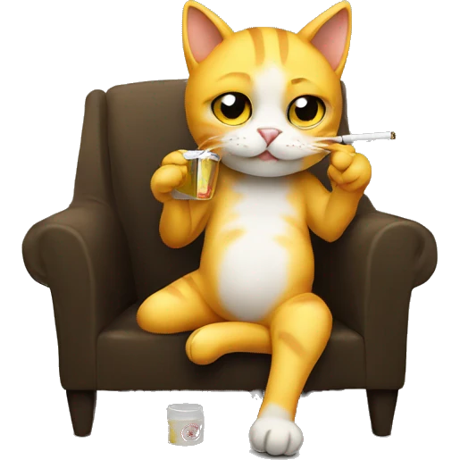 a cat drinking cigarette chibi. yellow cat black background sit on chair  emoji