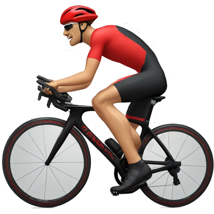 27 year old male with light brown hair riding a red triathlon bike. He is wearing a black helmet, black triathlon suit with red accents and black shoes emoji