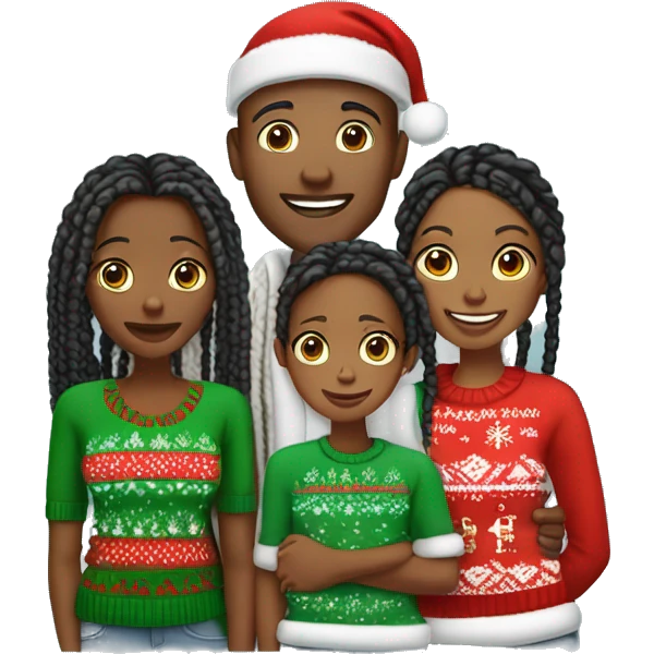 Black family of four members with Dad, Mom, Son, and Daughter. The Son and Daughter are teenagers. The Mom has braids. The Dad is light skinned.All family members are wearing Christmas sweaters and Santa hats.  emoji
