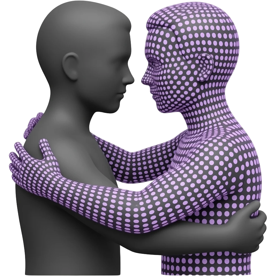 Two minimalist silhouettes embracing, one solid and the other in purple dotted lines, symbolizing invisible disability and support. emoji