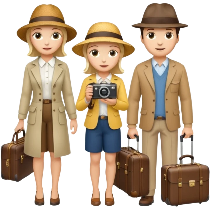 Девушка и мужчина в аэропорту с чемоданами. Девушка в шляпе для отпуска, с фотоаппаратом в руке и сумкой дамской emoji