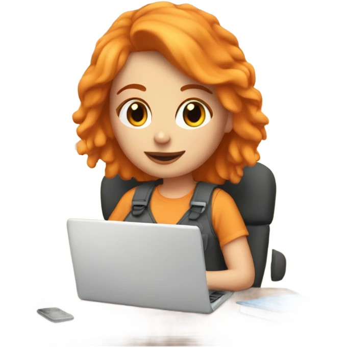 Orange haired white girl working on a laptop in a cozy room emoji