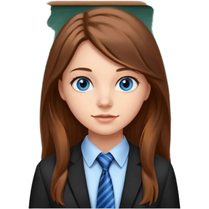 high school class room with a blackboard, with a pretty female high school student with long brown hair, blue eyes, wearing a tie emoji