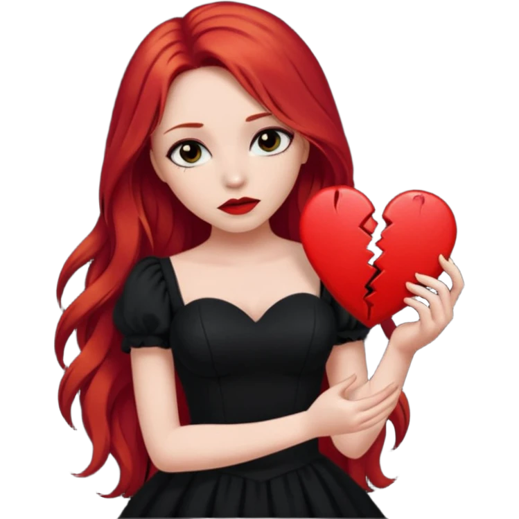  woman with long red hair and dark make up holding a broken heart in black dress emoji