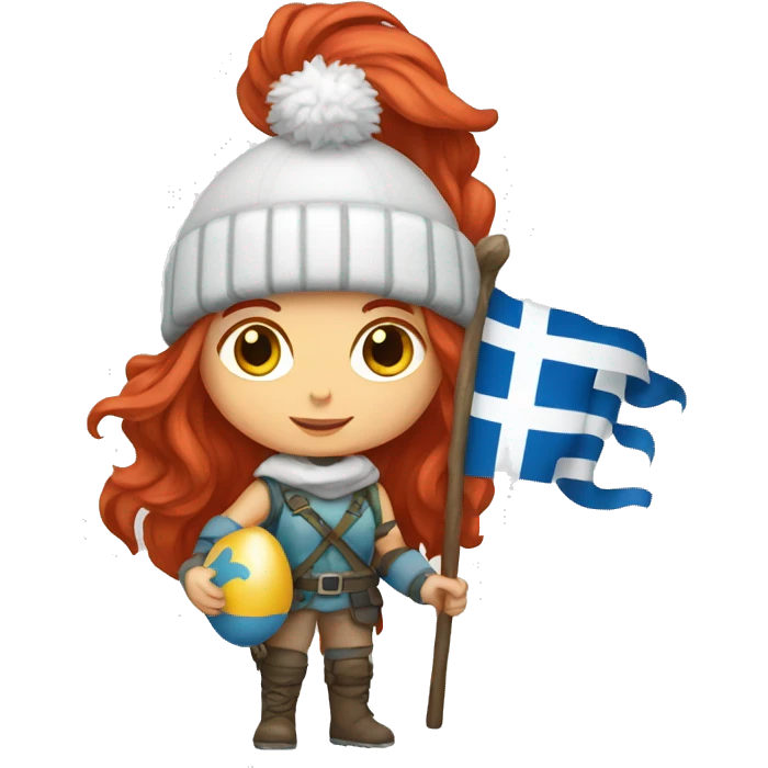 female winter mountaineer red hair holding greek flag and easter egg emoji