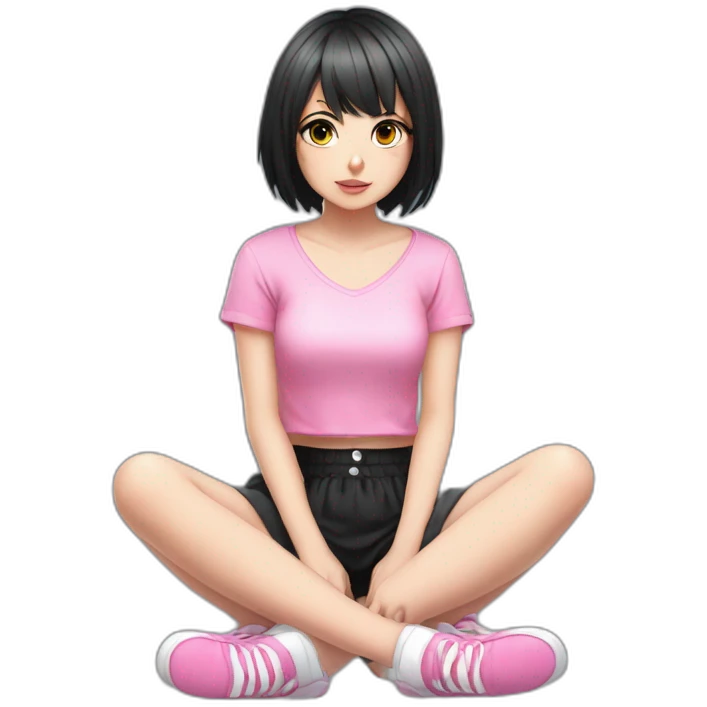 full body Front view emo girl sits on the floor black skirt pink knickers emoji