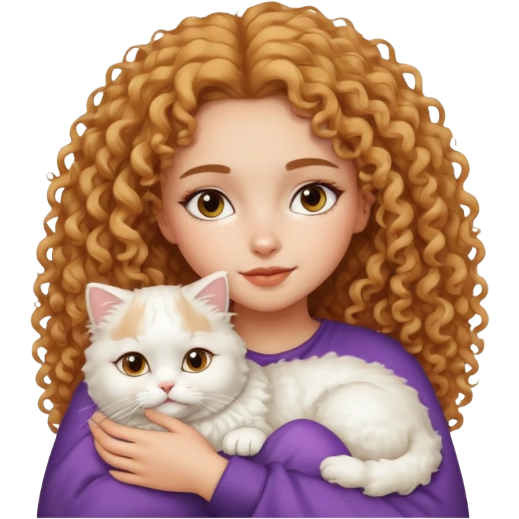 close-up of lightskin girl with frizzy curly hair, clean girl makeup, snuggling with a white Persian cat emoji