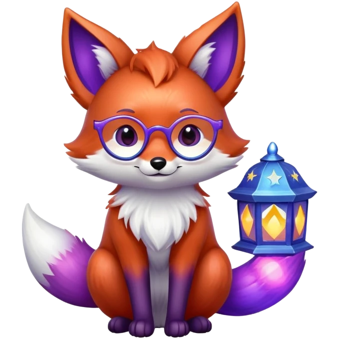 small magical fox with shimmering purple and blue fur, glowing fluffy tail, silver star on forehead, round glasses, tiny lantern, hugging a big red heart emoji