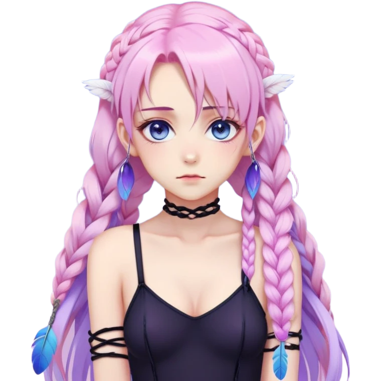 Gorgeous beautiful pretty grumpy anime lady long-pale-whitish-pastel-pink-hair with one braid on each side, hanging gradient-purple-pink feather-ear-cuffs on each side in hair, black bodysuit, blue eyes, pink iris, ethereal, fashion aesthetic  emoji