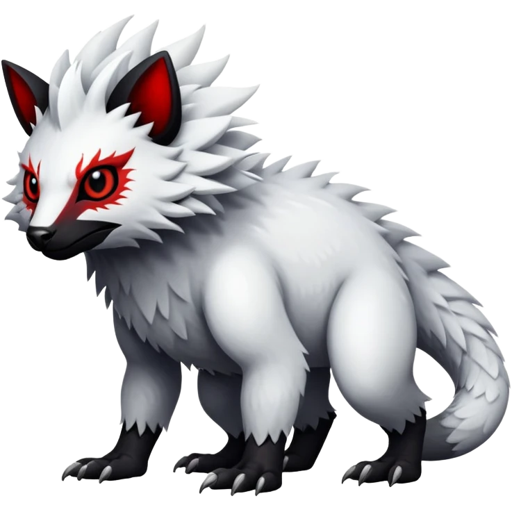 a white exotic edgy vernid-fionbr-Fakémon-creature, with black belly and red eyes, full body emoji