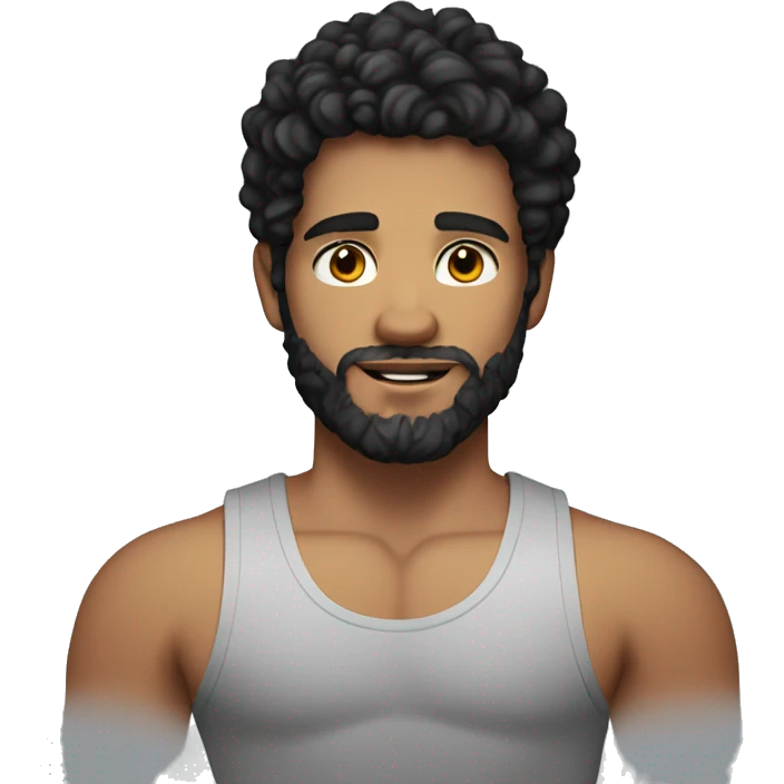 21 year old white-skinned man with black curly hair and beard who is muscular wearing tank top emoji