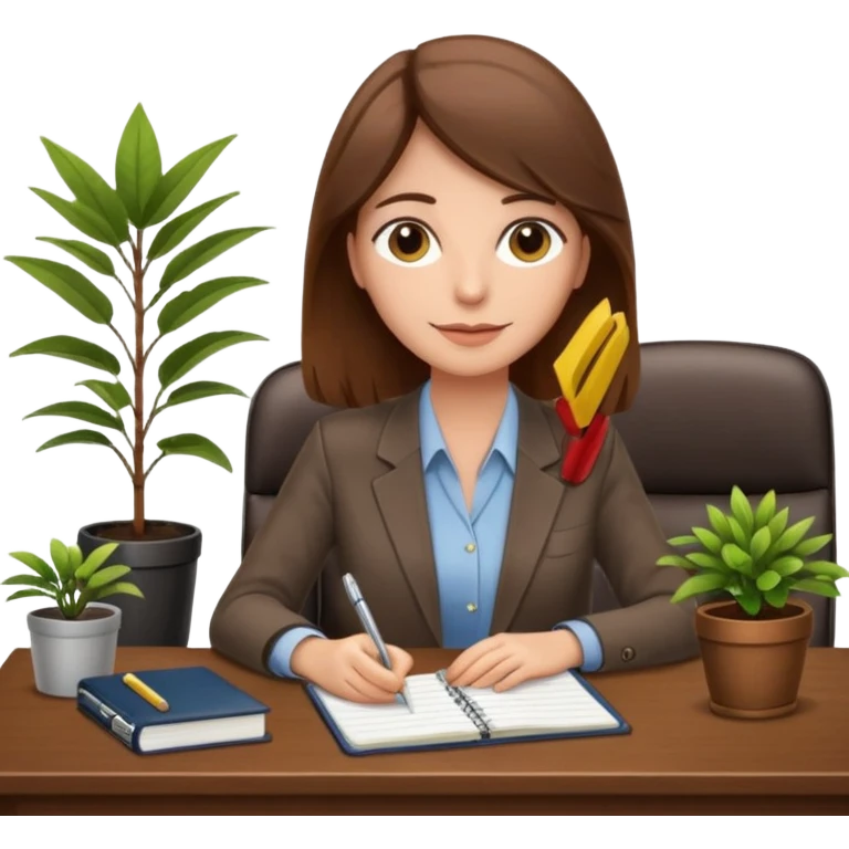 imagen de una mujer castaña en una oficina con escritorio, silla, notebook, agenda y una planta con un cartel que diga en español FUERA DE OFICINA emoji