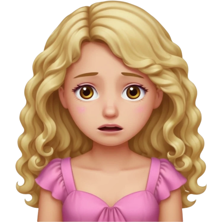 the girl is that criying she has brown eyes and blond long hair curly pink dress  emoji