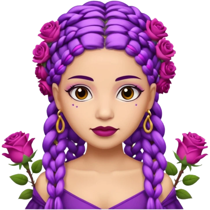 CrownedOlive skin queen with purple braids, brown eyes surrounded by roses emoji