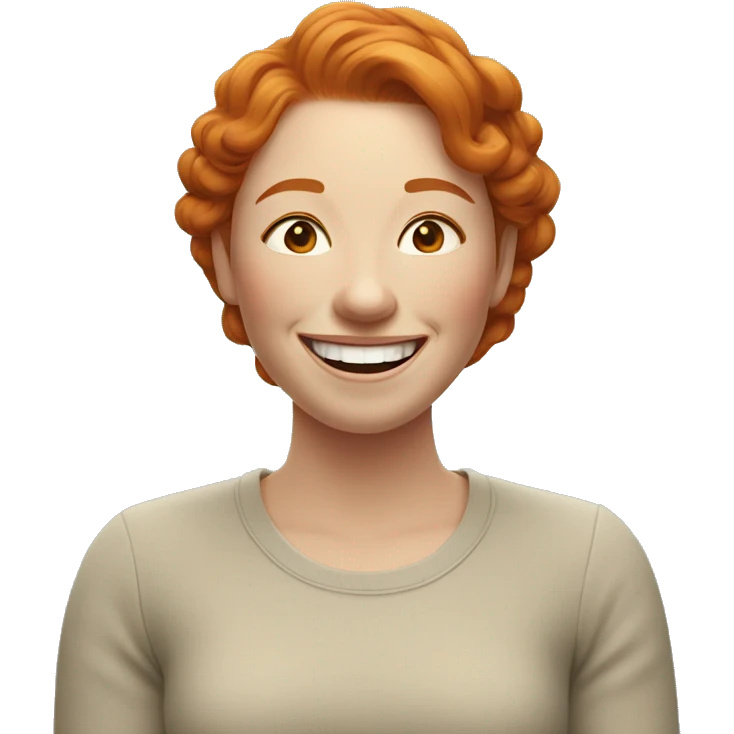 Ginger woman gently chuckling, calm and happy, subtle laughter emoji