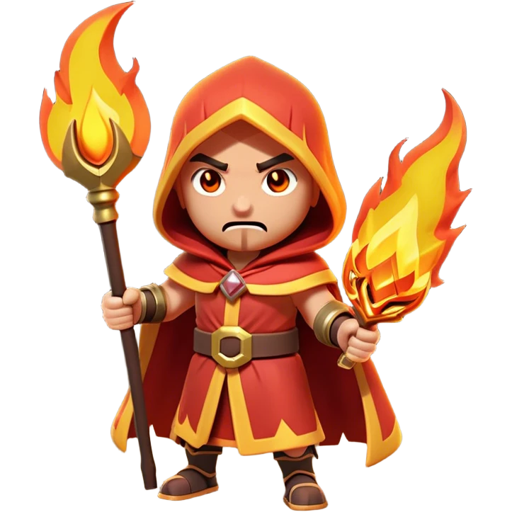 Clash of Clans aesthetic: Cinematic Ferocious Fire Mage Hero closeup Emoji, rendered in a 3D vector-style similar to standard emojis with minimal shading and bold, simplified shapes. A compact, isometric figure draped in flowing, charred and ember-lined robes, wielding a fiery staff crackling with intense flames. Eyes burning with an infernal glow, exuding raw, untamed power. Simplified yet unmistakably iconic, highly detailed and consistent, glowing with a fiery, molten radiance and high shine. Stylized with a touch of menacing sorcery and a searing, ember-infused outline, capturing the essence of a wrathful mage ready to unleash devastating fire magic! emoji