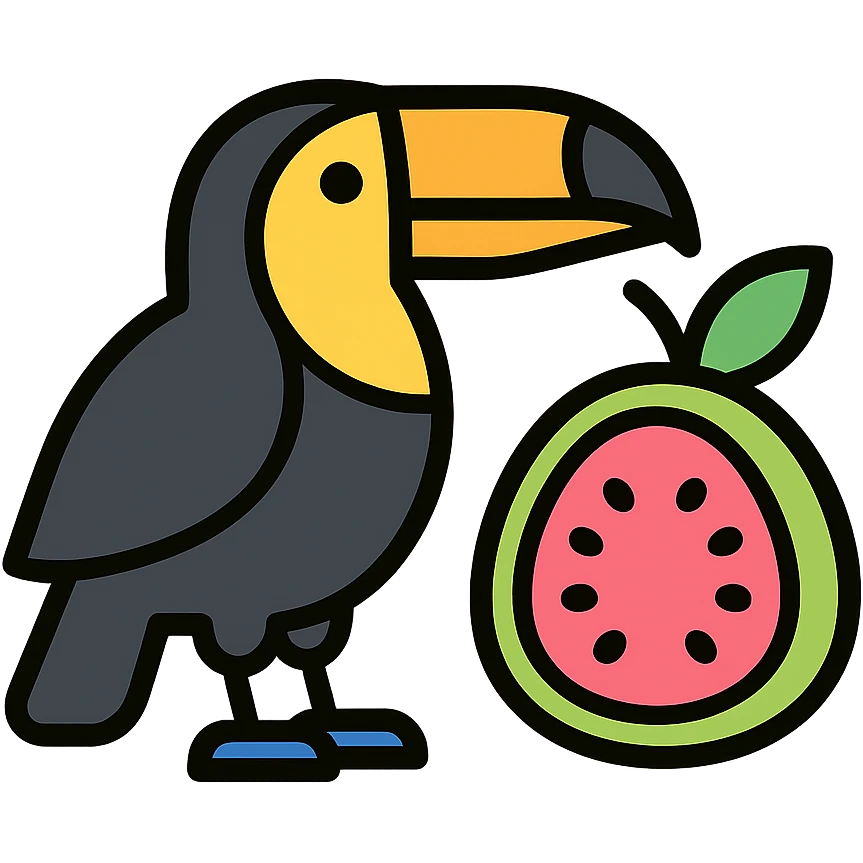 toucan standing next to a guava fruit emoji