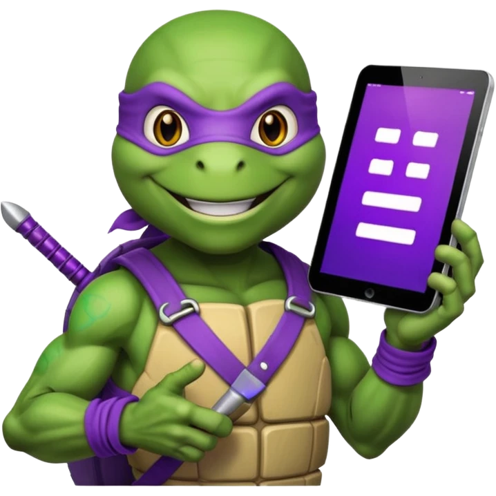 Donatello from Teenage Mutant Ninja Turtles, emoji style, holding a tablet with a hacking screen and smiling, with a purple hacking interface emoji