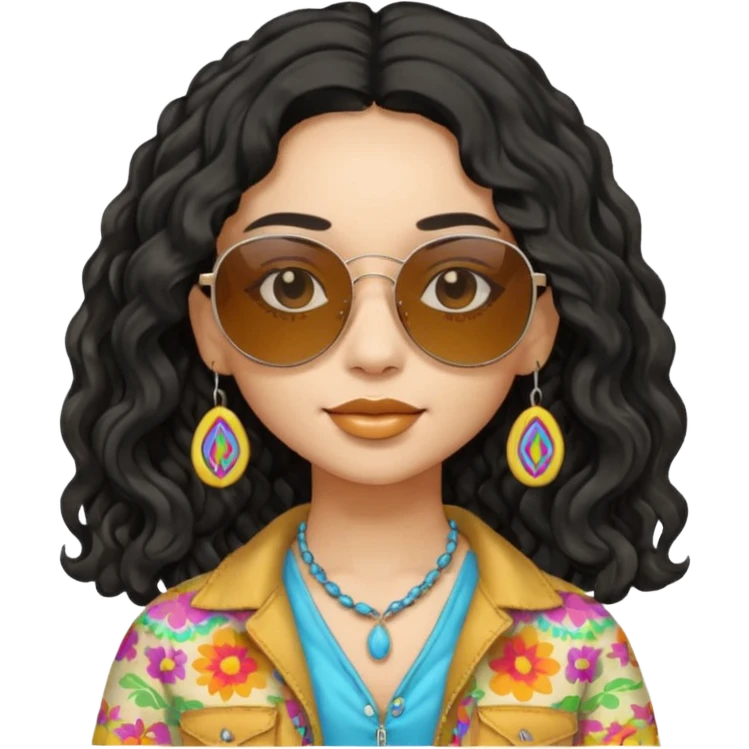 girl in hippies clothes, wearing sunglasses, black wavy hair emoji