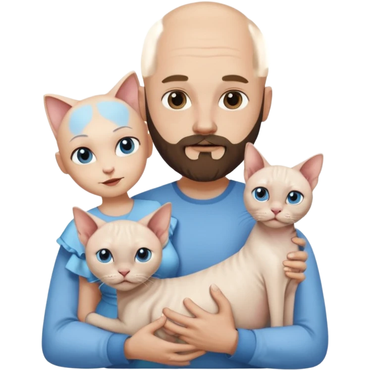 A couple, a man and a woman. The man, who is bald with a beard and wearing a blue shirt, is holding a Siamese cat in his arms. The woman, who has light hair and is wearing a white dress, is holding a white Sphynx cat in her arms emoji