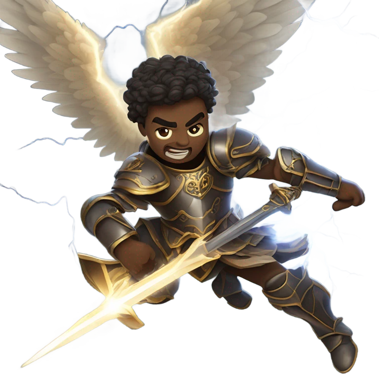 angels and demons in a lively fight mid flight with swords and armor and lightning emoji
