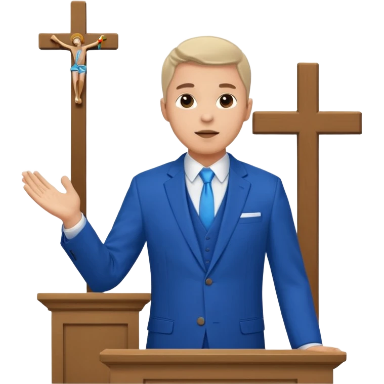 pastor with blue suits preaching in front of a pulpit with a cross behind him on the wall emoji