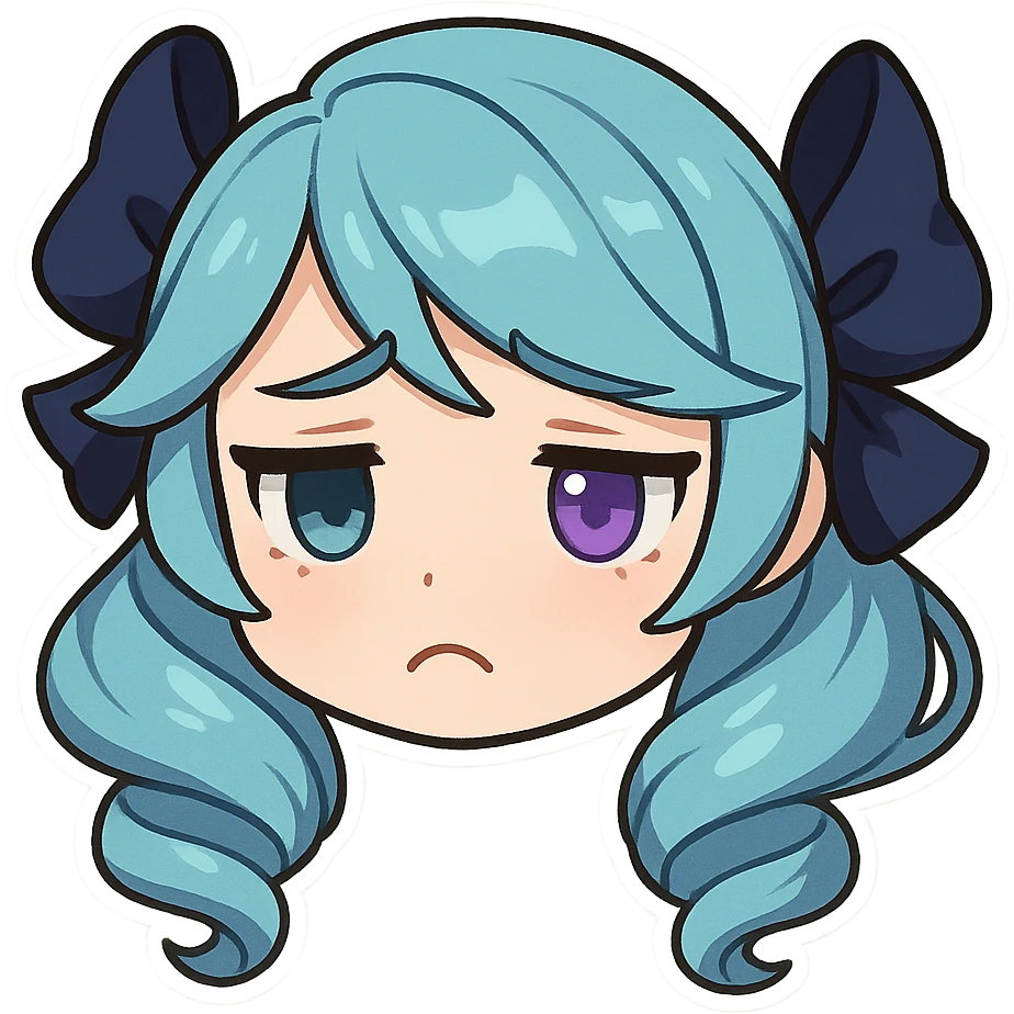 Gwen from League of Legends, chibi style, only head, borderless, right eye purple, both eyes same size, sad emote 1 emoji