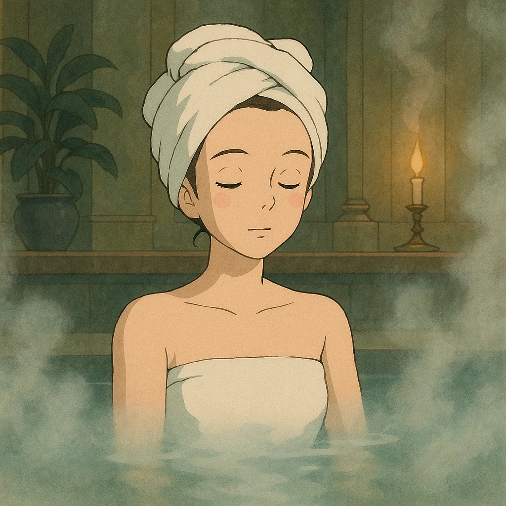 relaxed girl in a spa with towel on head, steam, tranquil atmosphere, elegant illustrative style emoji
