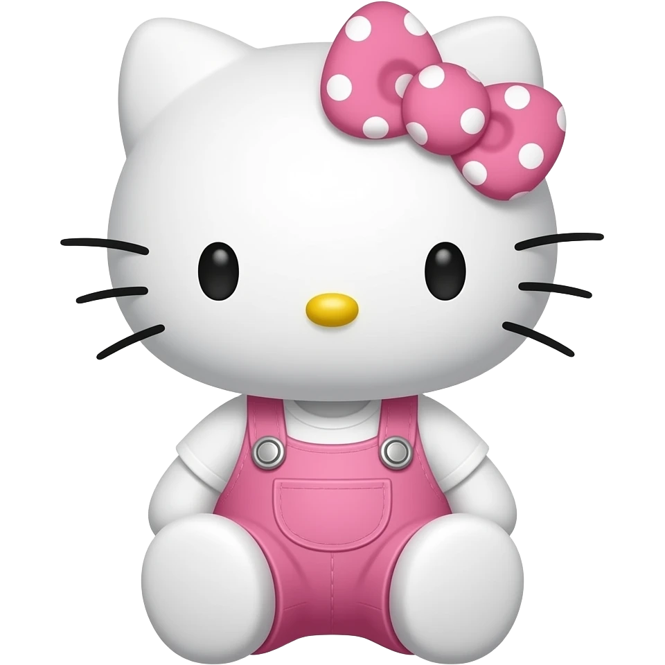 hello kitty sitting down wearing pink with white polka dots overalls and a white shirt with a pink with white polka dots bow emoji